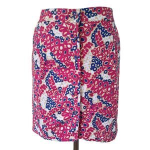 LILLY PULITZER Button Front Skirt Size 10 Tan Pink Blue White Floral Work Casual